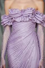 Classy Lilac Off-The-Shoulder Long Sleeves Mermaid Prom Dress Side Split With Beads Zipper-Ballbella