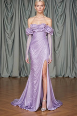 Classy Lilac Off-The-Shoulder Long Sleeves Mermaid Prom Dress Side Split With Beads Zipper-Ballbella