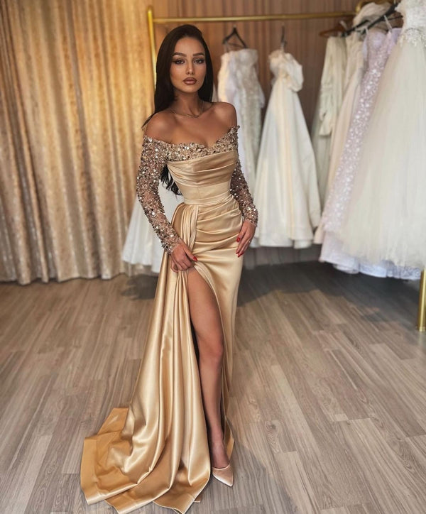 Classy Long Champagne Off-the-Shoulder Sequins Split Prom Dresses With Long Sleeves-Ballbella