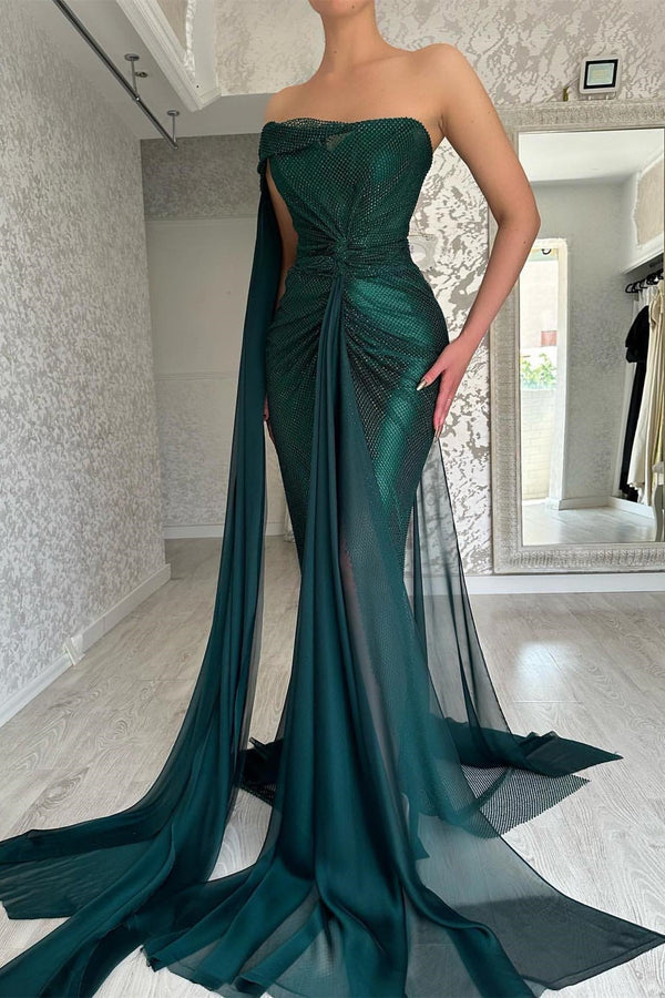 Classy Long Dark Green Mermaid Sleeveless Prom Dresses Long Slit Online-Ballbella