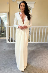 Classy Long Sleeves Satin V-Neck Wedding Dresses High Slit With Pleats-Ballbella