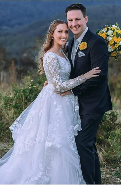 Classy Long Sleeves V-Neck Garden Lace A-Line Wedding Dresses-Ballbella