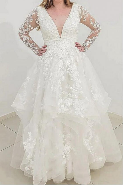 Classy Long Sleeves V-Neck Garden Lace A-Line Wedding Dresses-Ballbella