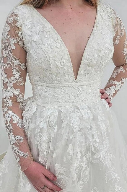 Classy Long Sleeves V-Neck Garden Lace A-Line Wedding Dresses-Ballbella