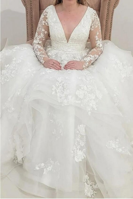Classy Long Sleeves V-Neck Garden Lace A-Line Wedding Dresses-Ballbella