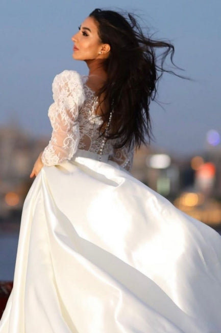 Classy Long Sleeves V-neck Satin Wedding Dresses with Lace-Ballbella