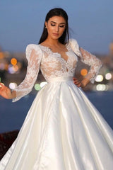 Classy Long Sleeves V-neck Satin Wedding Dresses with Lace-Ballbella