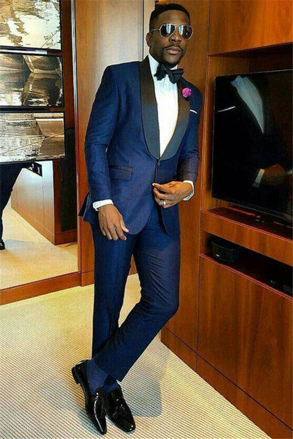 Classy Navy Blue Classic Bespoke Shawl Lapel Wedding Groom Suits Online-Ballbella
