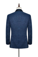 Classy Navy Blue Mens Suits for Weddings Jacquard Black Silk Shawl Lapel Prom Suits-Ballbella