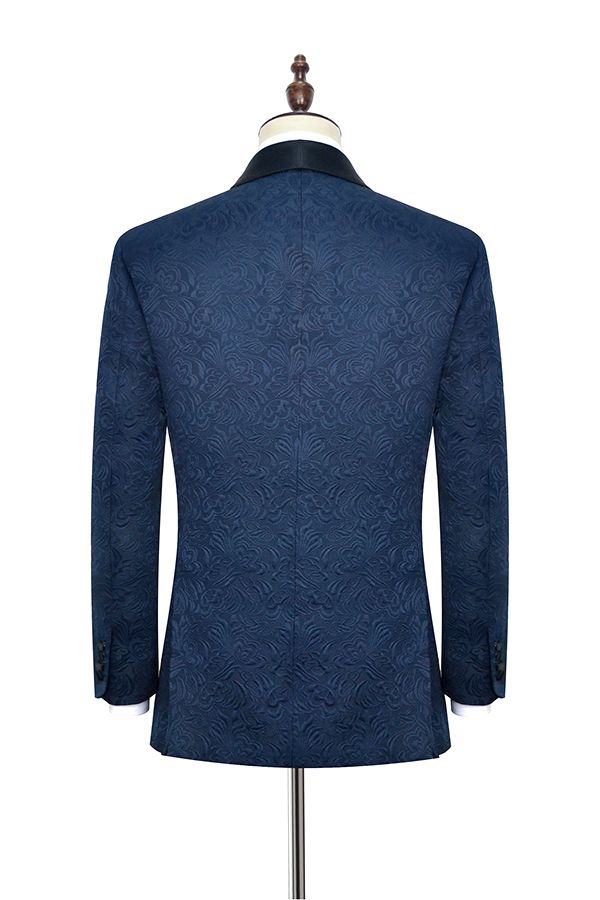 Classy Navy Blue Mens Suits for Weddings Jacquard Black Silk Shawl Lapel Prom Suits-Ballbella