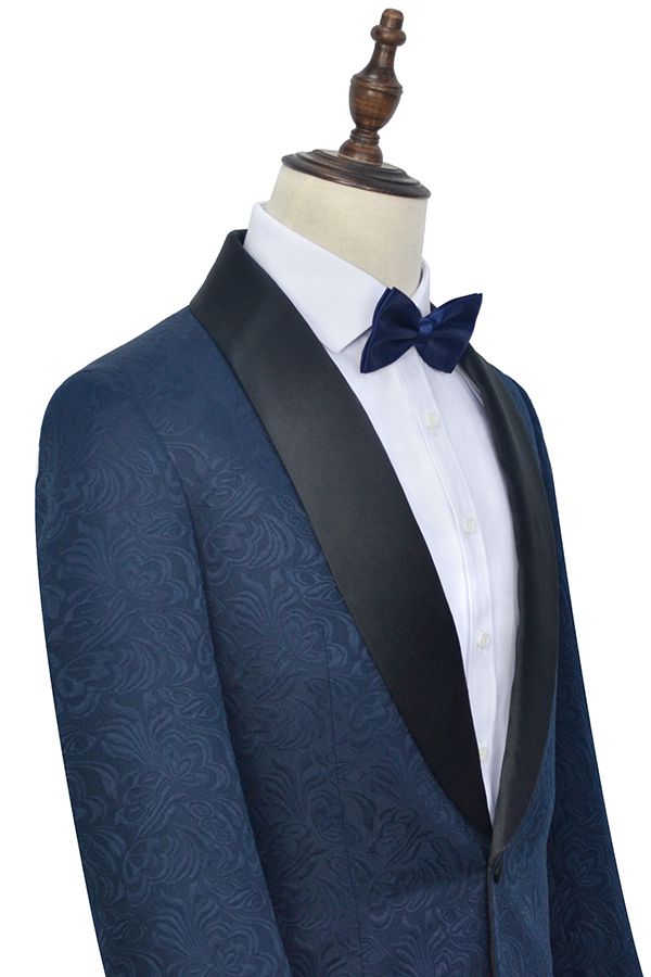 Classy Navy Blue Mens Suits for Weddings Jacquard Black Silk Shawl Lapel Prom Suits-Ballbella