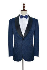 Classy Navy Blue Mens Suits for Weddings Jacquard Black Silk Shawl Lapel Prom Suits