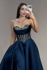 Classy Navy Blue Sweetheart Strapless Sleeveless Satin Prom Dress A-Line High Split Gem With Lace-Up Back Pockets-Ballbella