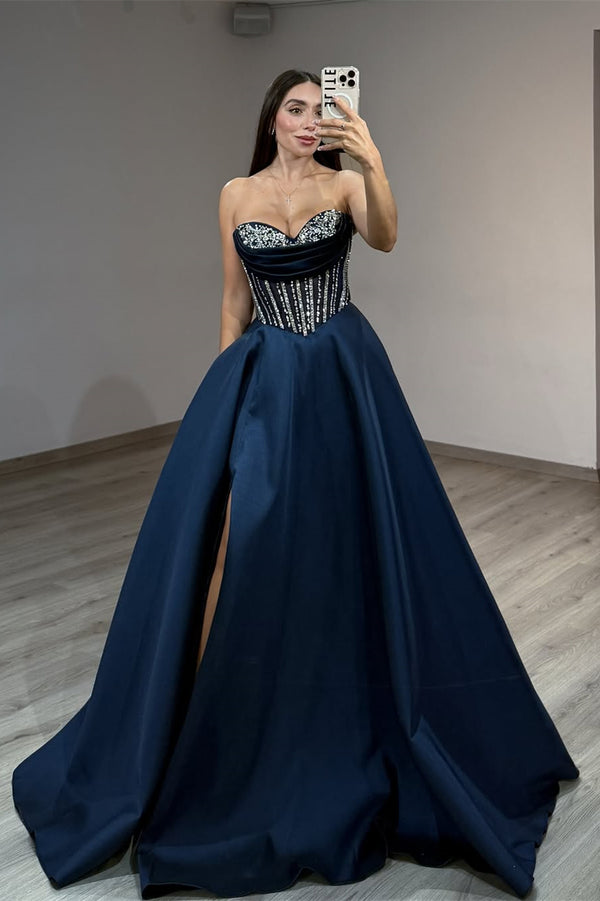 navy blue classy dress Sweetheart Strapless Sleeveless Satin Prom A-Line High Split Gem With Lace-Up Back Pockets Knee length