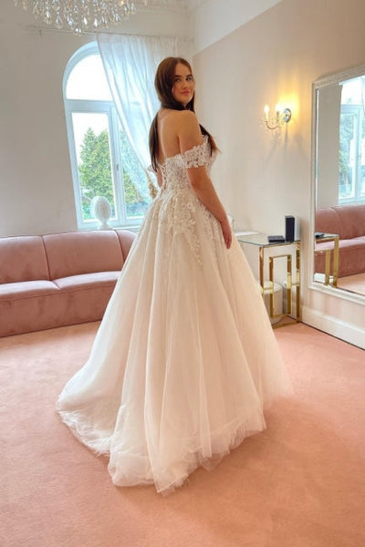 Classy Off the Shoulder Strapless A-Line Lace Tulle Wedding Dresses Classy Off the Shoulder Strapless A-Line Lace Tulle Wedding Dresses