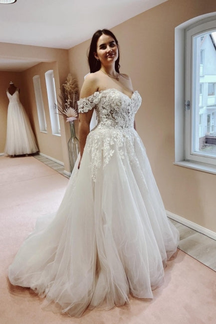 Classy Off the Shoulder Strapless A-Line Lace Tulle Wedding Dresses-Ballbella