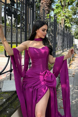 Classy Orchid Sweetheart Prom Dresses Satin Sleeveless High Slit With Pleats-Ballbella