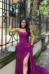 Classy Orchid Sweetheart Prom Dresses Satin Sleeveless High Slit With Pleats-Ballbella