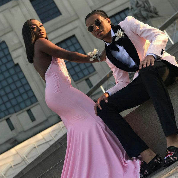 Classy Pink Jacquard Men Suit One Button Prom Suit with Shawl Lapel-Ballbella