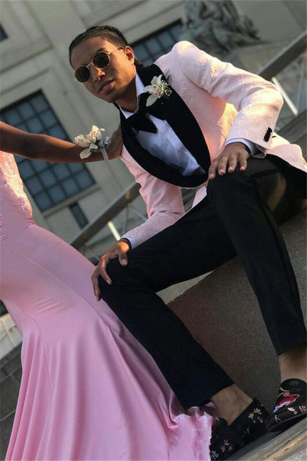 Classy Pink Jacquard Men Suit One Button Prom Suit with Shawl Lapel