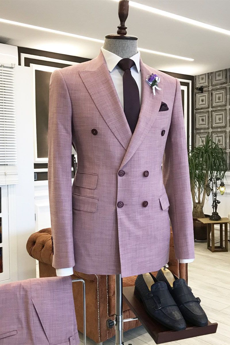 Classy Pink Peaked Lapel Double Breasted 3 Flaps Prom Suits For Men-Ballbella