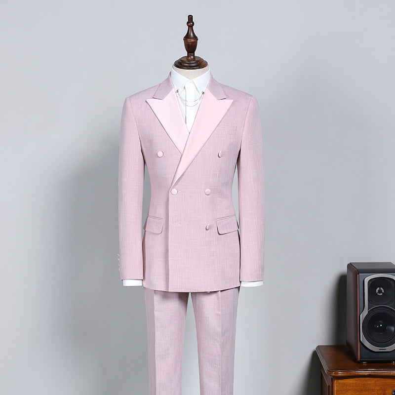 Classy Pink Peaked Lapel Double Breasted Custom Prom Suit-Ballbella