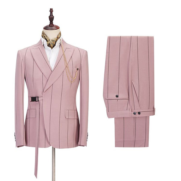 Classy Pink Striped Peaked Lapel Fitted Men Suits Online-Ballbella