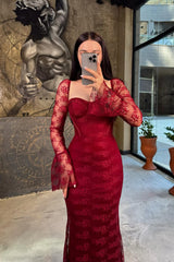 Classy Red Sweetheart Long Sleeve Prom Dress Mermaid Sheath Lace With Zipper-Ballbella