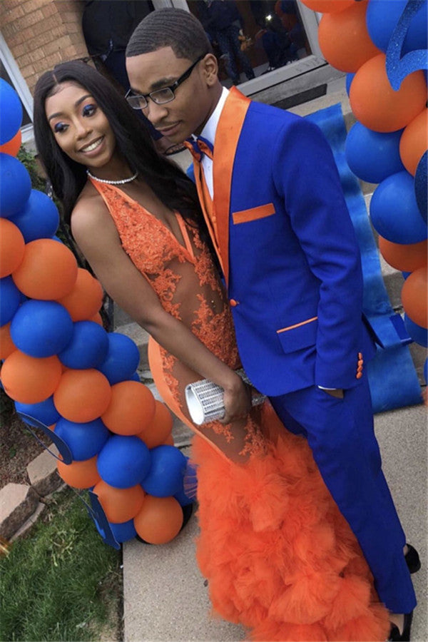 Classy Royal Blue Prom Suit Online Slim Fit Men Suit with Orange Lapel-Ballbella