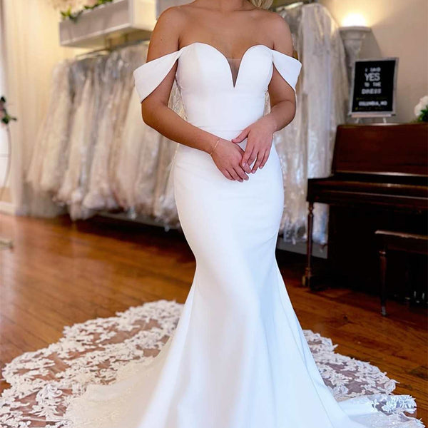 Classy Satin Off-The-Shoulder Sleeveless Mermaid Wedding Dress Open Back With Buttons Appliques Lace