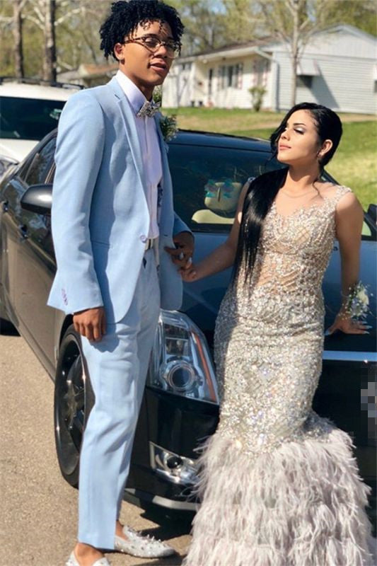 Classy Sky Blue One Button Slim Fit Prom Mens Suit-Ballbella