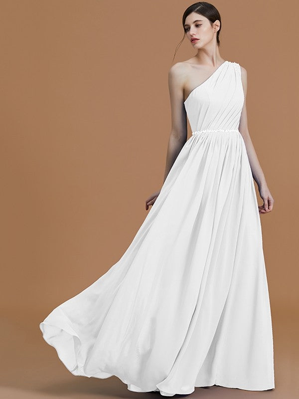 A-Line Charming One Shoulder Sleeveless Beading Chiffon Bridesmaid Dresses