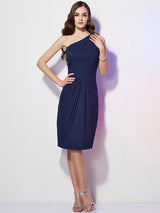 Classy Sleeveless One Shoulders Beading Short Chiffon Bridesmaid Dresses-Ballbella