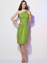 Classy Sleeveless One Shoulders Beading Short Chiffon Bridesmaid Dresses-Ballbella