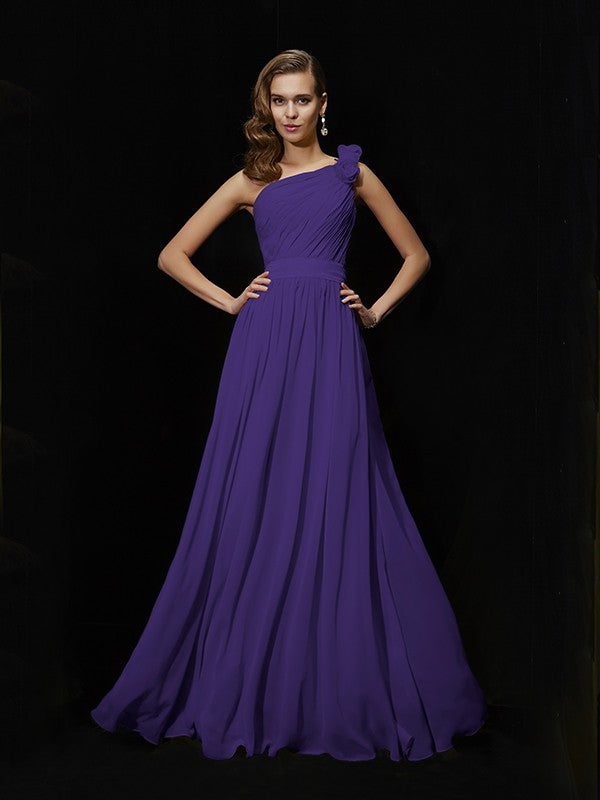 Classy Sleeveless One Shoulders Hand-Made Flower Long Chiffon Bridesmaid Dresses-Ballbella