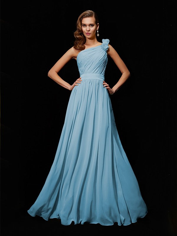 Classy Sleeveless One Shoulders Hand-Made Flower Long Chiffon Bridesmaid Dresses-Ballbella