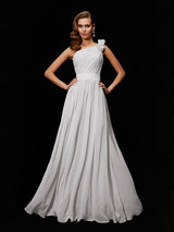 A-Line Charming One Shoulder Sleeveless Hand-Made Flower Long Chiffon Bridesmaid Dresses