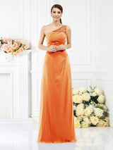 Classy Sleeveless One Shoulders Long Satin Bridesmaid Dresses-Ballbella