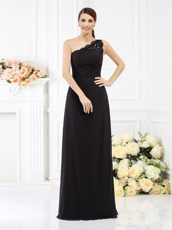 Classy Sleeveless One Shoulders Long Satin Bridesmaid Dresses-Ballbella