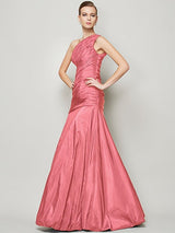 Classy Sleeveless One Shoulders Pleats Long Taffeta Bridesmaid Dresses-Ballbella