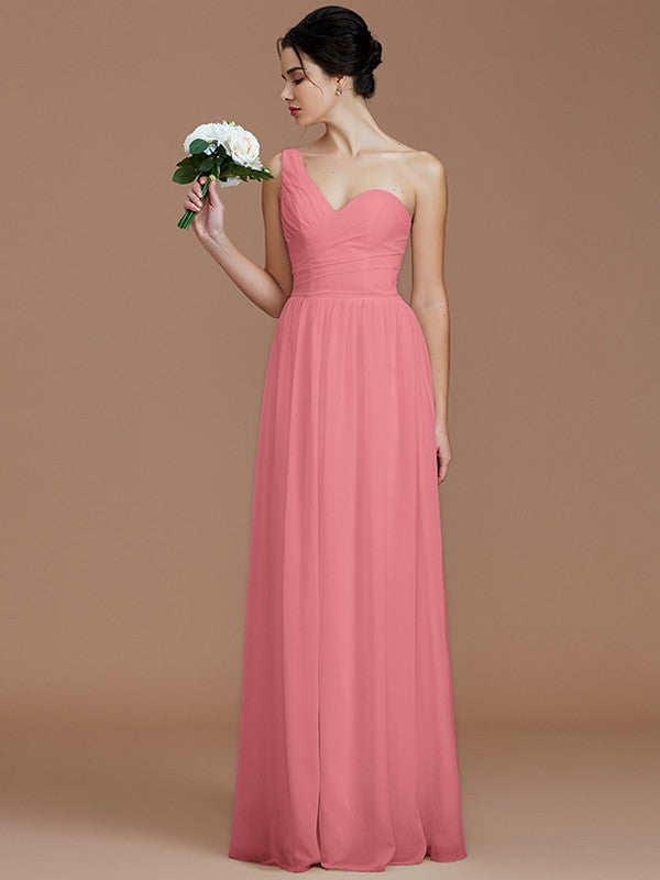 Classy Sleeveless One Shoulders Ruched Chiffon Bridesmaid Dresses-Ballbella
