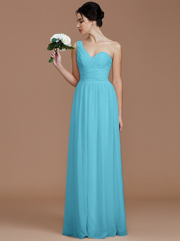 Classy Sleeveless One Shoulders Ruched Chiffon Bridesmaid Dresses-Ballbella
