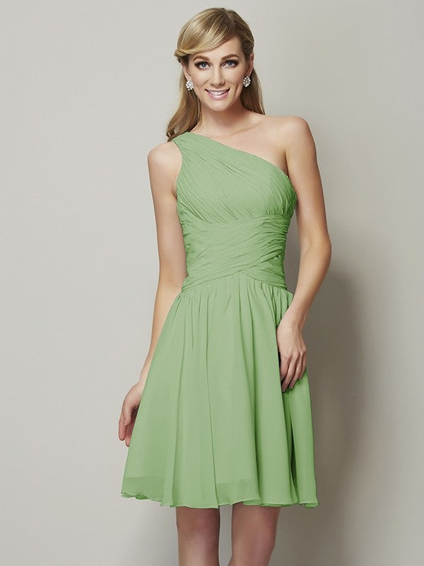 Classy Sleeveless One Shoulders Ruched Short Chiffon Bridesmaid Dresses-Ballbella