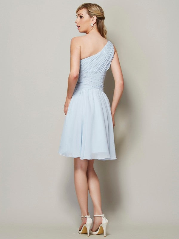 Classy Sleeveless One Shoulders Ruched Short Chiffon Bridesmaid Dresses-Ballbella