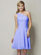 A-Line Charming One Shoulder Sleeveless Ruched Short Chiffon Bridesmaid Dresses