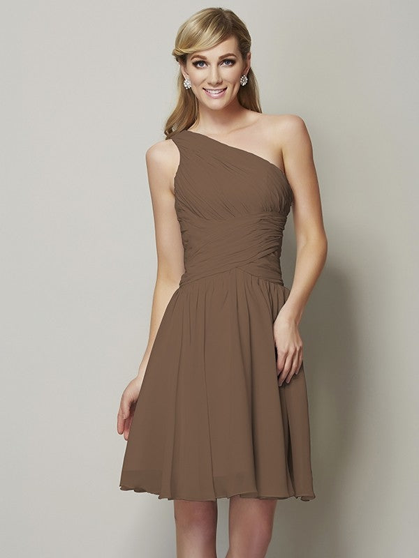 A-Line Charming One Shoulder Sleeveless Ruched Short Chiffon Bridesmaid Dresses