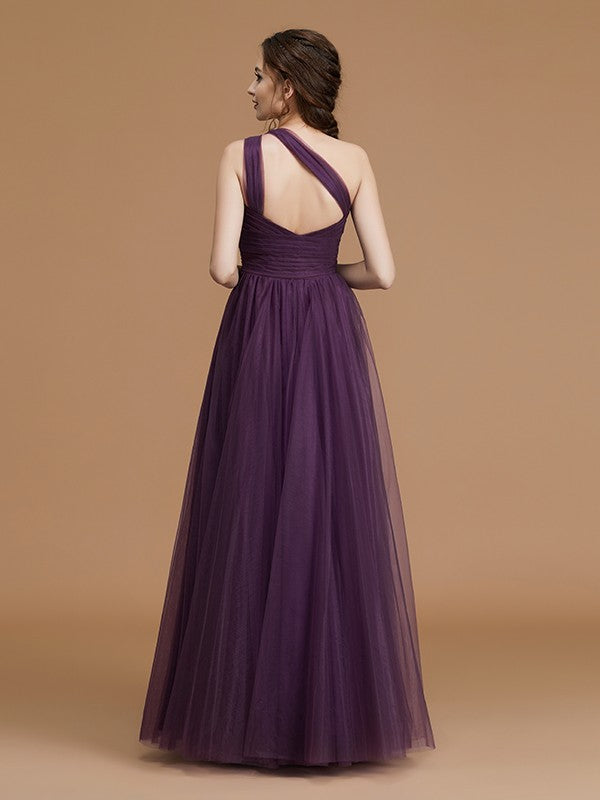 Classy Sleeveless One Shoulders Ruched Tulle Bridesmaid Dresses-Ballbella
