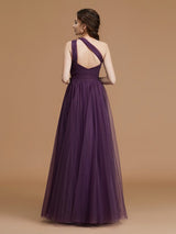 A-Line Charming One Shoulder Sleeveless Ruched Tulle Bridesmaid Dresses
