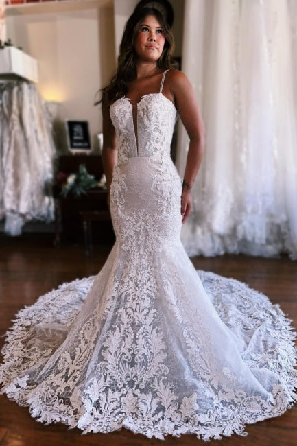 Classy Sleeveless Spaghetti Straps Floor Length Mermaid Wedding Dresses-Ballbella