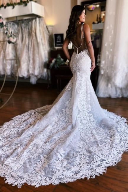 Classy Sleeveless Spaghetti Straps Floor Length Mermaid Wedding Dresses-Ballbella